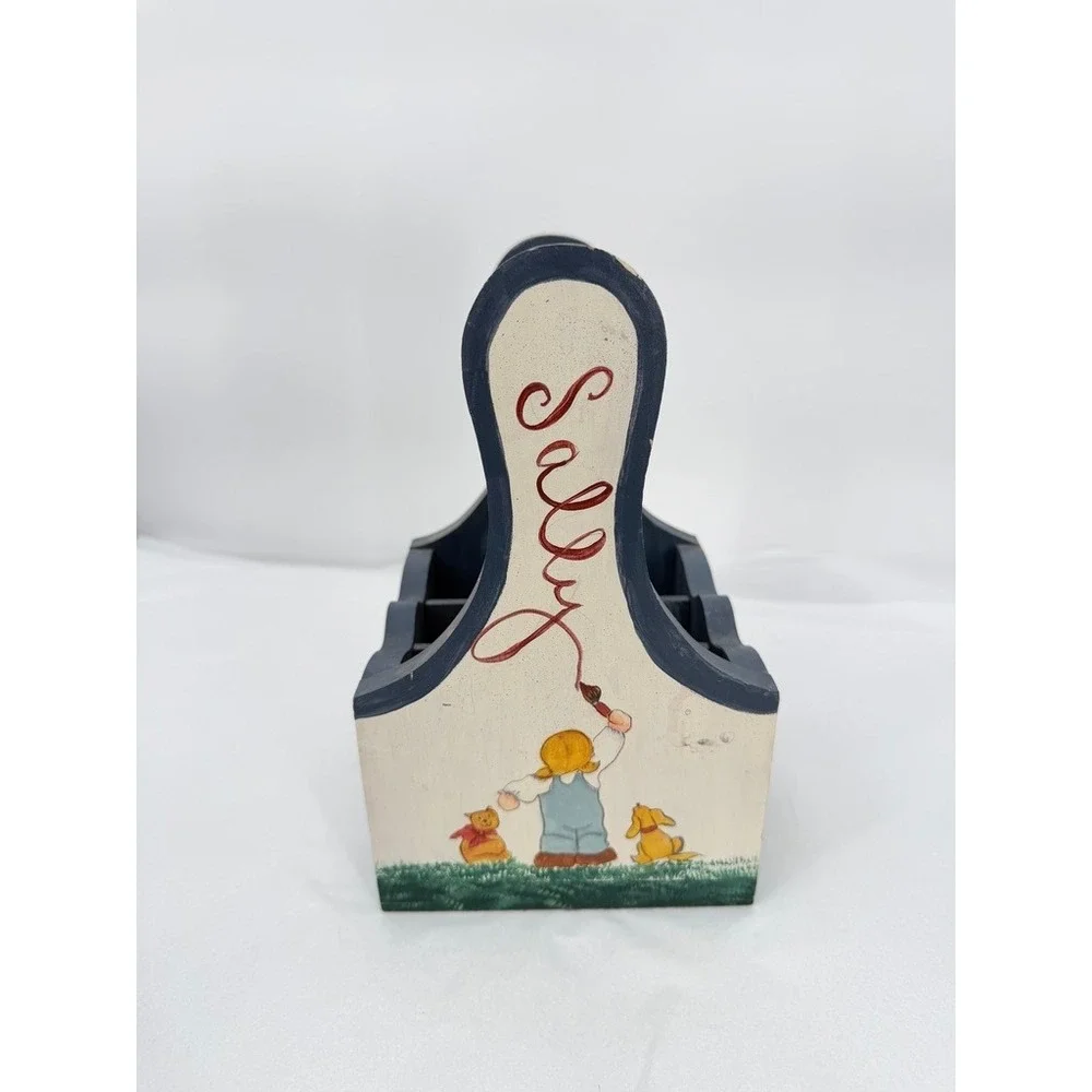 Handmade Wooden Caddy SALLY Hand Painted Girl Dog Sunflowers Cottage Core